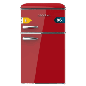 Bolero CoolMarket 2D Origin 86 Red E Mini frigorífico retro de dos puertas rojo de 89,3cm de alto y 48,7 de ancho con capacidad de 86L, clase energética E, LED interior y tirador cromado.
