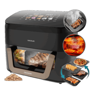 Cecofry&Grill Smokin' 11000 Freidora de aire con triple grill en la parte superior e inferior para dorado perfecto y sabor de parrilla en carnes, ahumador, capacidad de 11 litros, potencia de 2900 W para platos saludables y pared divisoria móvil para optar entre dos cestillos con temperatura dual o convertirse en una sola cubeta.